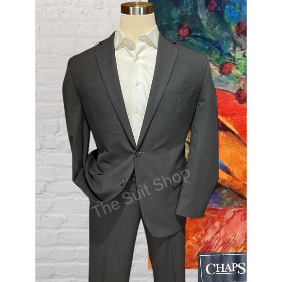 Chaps Mens 44R 36x30 Solid Charcoal Gray Suit Wrinkle Resistant Comfort Stretch - Picture 1 of 16